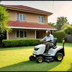 A serene scene of a Pakistani homeowner, perhaps a middle-aged man, comfortably enjoying a cup of chai on his verandah. He looks out at his lush, perfectly manicured lawn, where a quiet, futuristic robotic lawnmower is autonomously trimming the grass. In the background, subtly overlaid or as a faded memory, is an image of the same man in the scorching afternoon sun, physically exhausted and sweating while struggling with a traditional lawnmower. The overall image should convey a sense of calm, relief, and the stark contrast between past manual labor and present smart convenience, emphasizing saved time for leisure and family. Soft, warm lighting, reflecting the peace of a summer evening in an urban or suburban Pakistani setting.