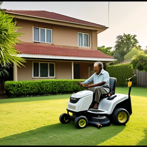 Home 4 A serene scene of a Pakistani homeowner, perhaps a middle-aged man, comfortably enjoying a cup of chai on his verandah. He looks out at his lush, perfectly manicured lawn, where a quiet, futuristic robotic lawnmower is autonomously trimming the grass. In the background, subtly overlaid or as a faded memory, is an image of the same man in the scorching afternoon sun, physically exhausted and sweating while struggling with a traditional lawnmower. The overall image should convey a sense of calm, relief, and the stark contrast between past manual labor and present smart convenience, emphasizing saved time for leisure and family. Soft, warm lighting, reflecting the peace of a summer evening in an urban or suburban Pakistani setting.