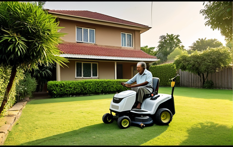 A serene scene of a Pakistani homeowner, perhaps a middle-aged man, comfortably enjoying a cup of chai on his verandah. He looks out at his lush, perfectly manicured lawn, where a quiet, futuristic robotic lawnmower is autonomously trimming the grass. In the background, subtly overlaid or as a faded memory, is an image of the same man in the scorching afternoon sun, physically exhausted and sweating while struggling with a traditional lawnmower. The overall image should convey a sense of calm, relief, and the stark contrast between past manual labor and present smart convenience, emphasizing saved time for leisure and family. Soft, warm lighting, reflecting the peace of a summer evening in an urban or suburban Pakistani setting.