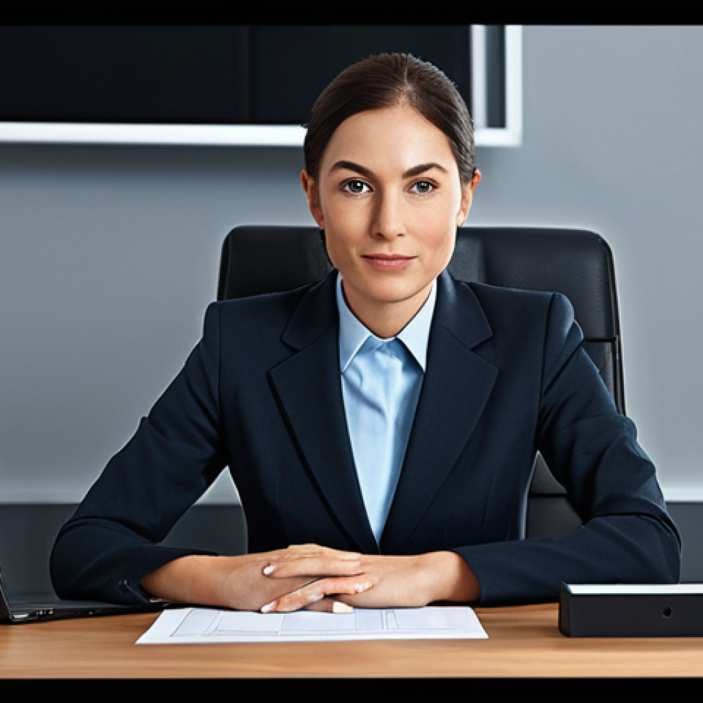 A professional businesswoman in a modest business suit, sitting at a desk in a modern office, fully clothed, appropriate attire, safe for work, perfect anatomy, natural proportions, professional photography, high quality.