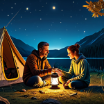 Home 12 **
"A fully clothed family-friendly scene of campers sitting around a LED lantern at night. They are wearing modest clothing and drinking tea, with a tent visible in the background. Safe for work, appropriate content, perfect anatomy, natural proportions, professional illustration."
**