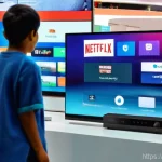 Home 11 소형 스마트 TV와 일반 TV 비교 - **Prompt 1: The TV Buying Dilemma - Smart vs. Traditional**
"A family of three (father, mother, ...